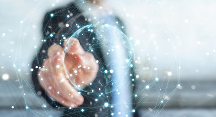 Businessman using planet earth network sphere 3D rendering