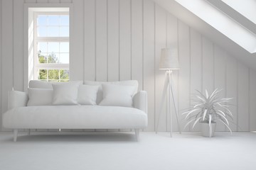 White room with sofa. Scandinavian interior design. 3D illustration