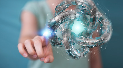 Businesswoman using futuristic torus textured object 3D rendering