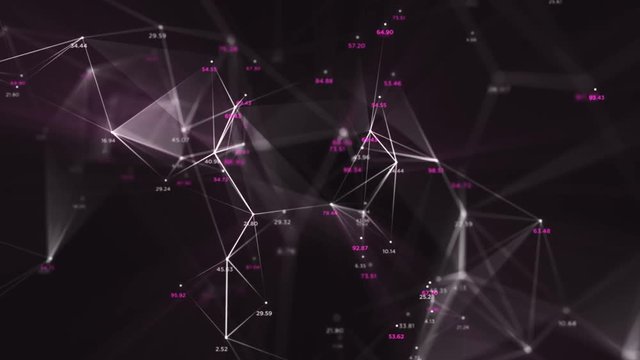Digital Data Points Network Loop 1C: dark background, rotating flickering white light mesh cloud of connections, random percentage number values in lavender pink magenta. Seamless loop 4K UHD FullHD.