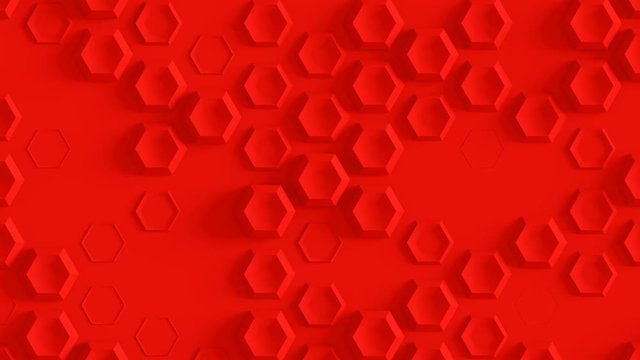 Abstract Hexagon Geometric Surface Loop 4F: red clean minimal hexagonal knurl texture pattern, random motion background canvas in warm blood dark orange chili ruby red. Seamless loop 4K UHD FullHD.