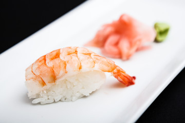 Shrimp sushi served on a plate