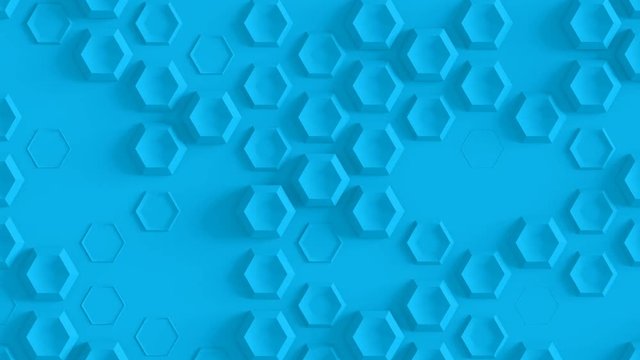 Abstract Hexagon Geometric Surface Loop 4C: blue clean knurl texture hexagonal grid pattern, random motion background canvas in bright cool fresh ultramarine sky blue. Seamless loop 4K UHD FullHD.