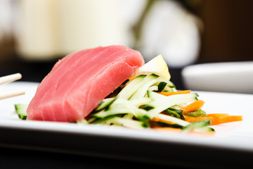 Tuna sashimi served on a plate