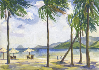 Beach with palm trees. seascape. Vietnam. Watercolor painting - 189355499