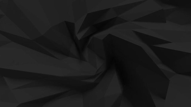 Abstract Low Poly Twist Loop 1B: dark black polygonal geometric surface background with center swirl, constraint, stress, knot, turmoil, tornado, twist, spiral, vortex. Seamless loop.