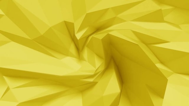 Abstract Low Poly Twist Loop 1D: fun yellow polygonal geometric surface background with center swirl, constraint, stress, knot, turmoil, tornado, twist, spiral, vortex. Seamless loop.