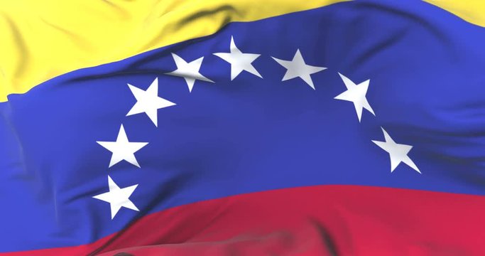 Flag of Venezuela waving at wind in slow with blue sky, loop