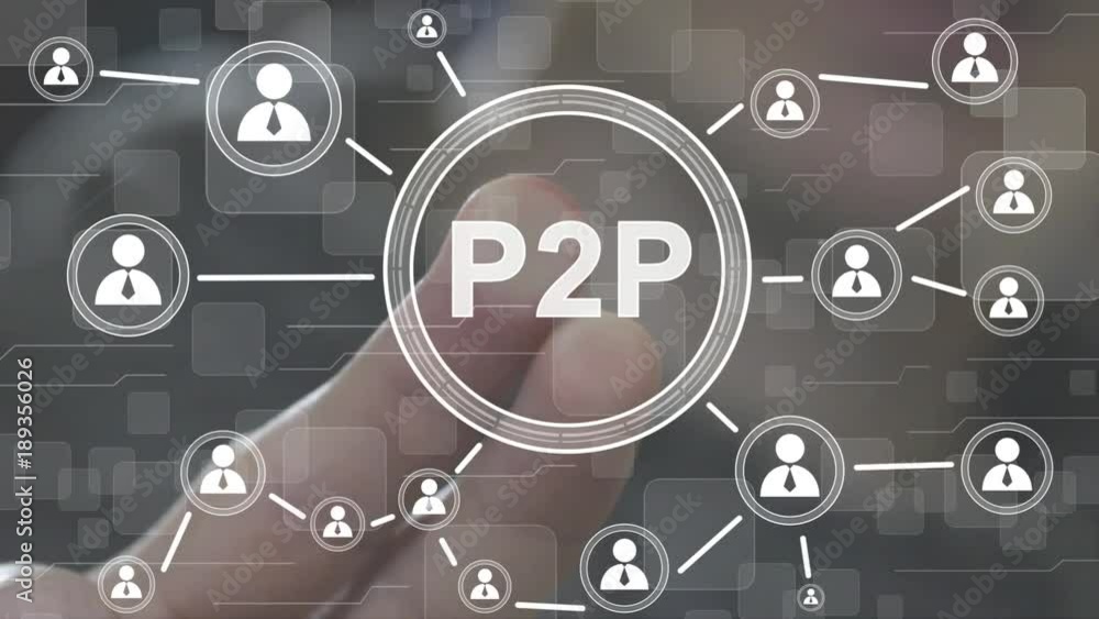 Poster businessman presses button with text p2p peer-to-peer on virtual digital electronic user interface.