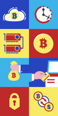 Colorful illustration in flat style on the topic of cryptocurrencies and blockchain technology