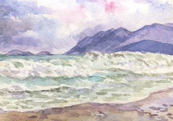 Storm in the ocean. Seascape. Watercolor painting