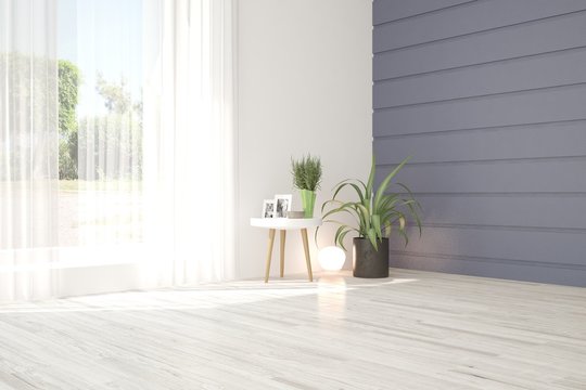 White empty room with summer landscape in window. Scandinavian interior design. 3D illustration