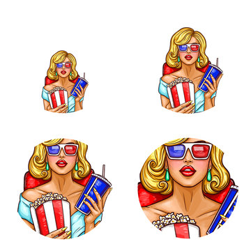 Vector pop art avatar, icon of pin up sexy girl in 3d glasses inside the cinema with popcorn and soda watching 3d movie, film. Illustration for networking.