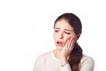 Fototapeta premium Dental care and toothache.Teeth Problem. Woman Feeling Tooth Pain. Closeup Of Beautiful Sad Girl Suffering From Strong Tooth Pain. Attractive Female Feeling Painful Toothache. Dental Health And Care 