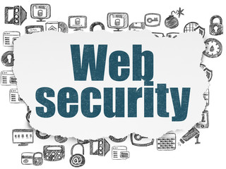 Security concept: Painted blue text Web Security on Torn Paper background with  Hand Drawn Security Icons