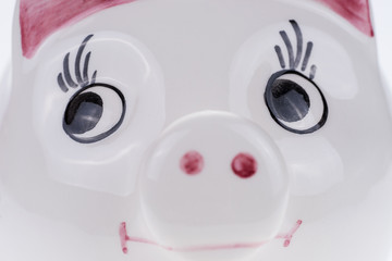 Close up of the face of a ceramic lucky pig