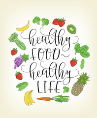 Vector lettering with hand drawn fruits and vegetables.