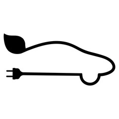Black silhouette of an electric car with a plug and a leaf of a tree
