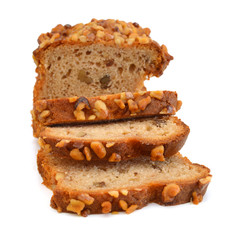 Delicious freshly baked banana bread on white background