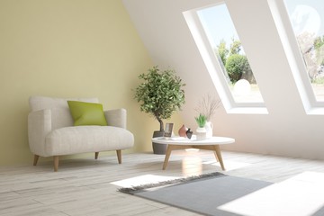 Idea of white room with armchair and summer landscape in window. Scandinavian interior design. 3D illustration