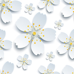 Stylish seamless pattern with white sakura flowers