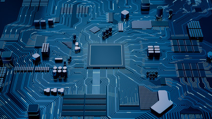 CPU chip on Motherboard - abstract 3D render of a processor computer chip on a cicuit board with microchips and other computer parts