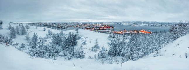 Ultra-wide panorama of port on shore of the Barents Sea, Murmansk, Russia