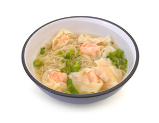 Noodle soup in bowl on white background