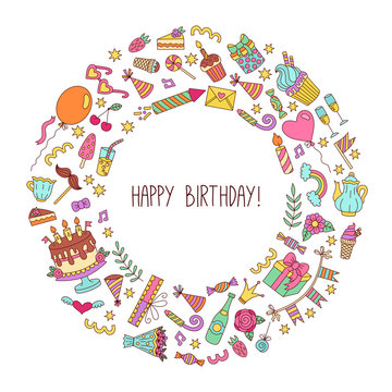 Birthday icons round frame greeting vector template