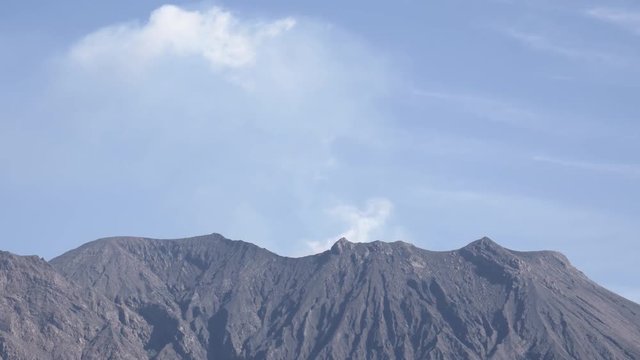 Closeup on Sakurajima  volcano spitting white smoke. Japan