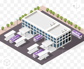Isometric High Quality City Element with 45 Degrees Shadows on Transparent Background . Bus Station
