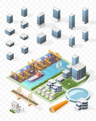 Set of Isolated High Quality Isometric City Elements . Harbor with Shadows on Transparent Background