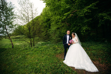 The newlyweds are walking in the park on the wedding day. The bride and groom Enjoying at the wedding day. Sunny weather. Spring