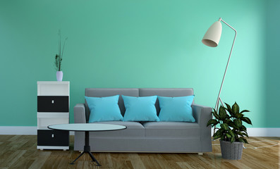 Mint wall - Living room with sofa and lamp. 3D rendering