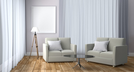 White Living Room Interior - Scandinavian interior with sofa pillow table lamp and frame, wooden floor on white wall background. 3D rendering