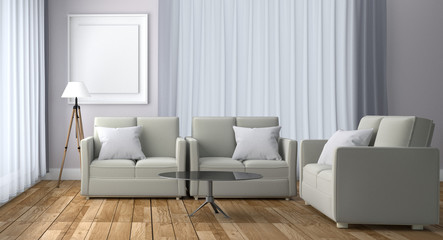 White Room Living Interior - Sofa window design - Scandinavian style white room with wooden floor and frame on white wall background. 3D rendering