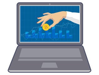 Coin bitcoin in hand on laptop monitor. Currency exchange. Vector