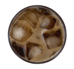 Cola bubbles with ice cubes in glass top view isolated on white background, clipping path included