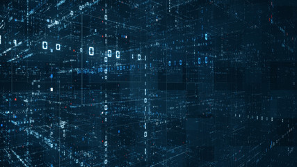 Digital binary code matrix background - 3D rendering of a scientific technology data binary code network conveying connectivity, complexity and data flood of modern digital age