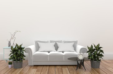 Obraz premium White living room interior with fabric sofa ,lamp and plants on empty white wall. 3d rendering