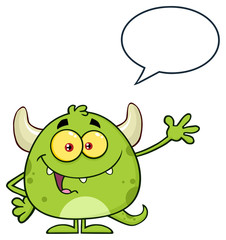 Happy Green Monster Cartoon Emoji Character Waving For Greeting With Speech Bubble. Illustration Isolated On White Background