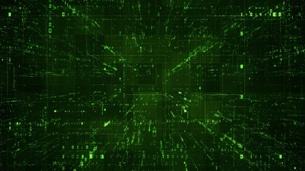 Digital binary code matrix background - 3D rendering of a scientific technology data binary code network conveying connectivity, complexity and data flood of modern digital age