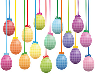 Easter eggs hanging as table decoration - colorful isolated background vector illustration on white background.