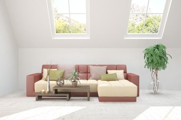 Idea of white room with sofa and summer landscape in window. Scandinavian interior design. 3D illustration