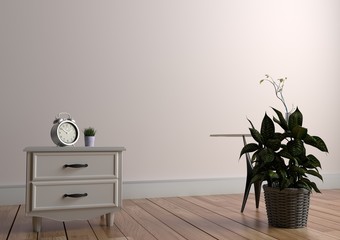 Plant and vase on table in wood floor on empty white wall background. 3D rendering