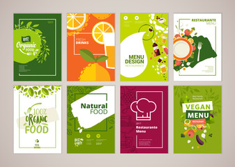 Set of restaurant menu, brochure, flyer design templates in A4 size. Vector illustrations for food and drink marketing material, ads, natural products presentation templates, cover design. - obrazy, fototapety, plakaty
