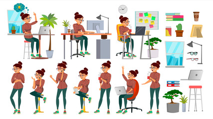 Business Woman Character Set Vector. Working People Set. Office, Creative Studio. Female Business Situation. Girl Programmer, Designer, Manager. Poses, Emotions. Cartoon Character Illustration