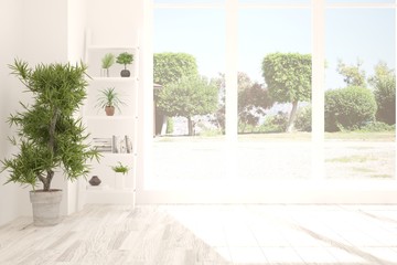 White empty room with summer landscape in window. Scandinavian interior design. 3D illustration