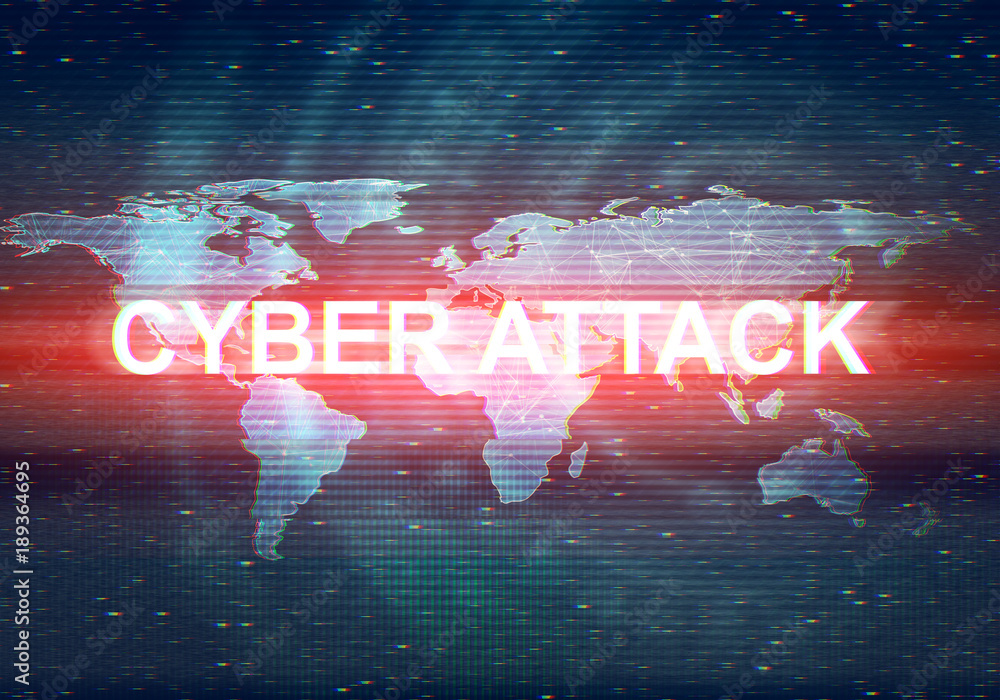 Poster abstract illustration of distorted dark blue display screen with red light spot. cyber attack inscri