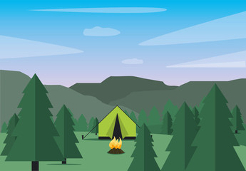 Camp landscape vector illustration. Forest landscape background